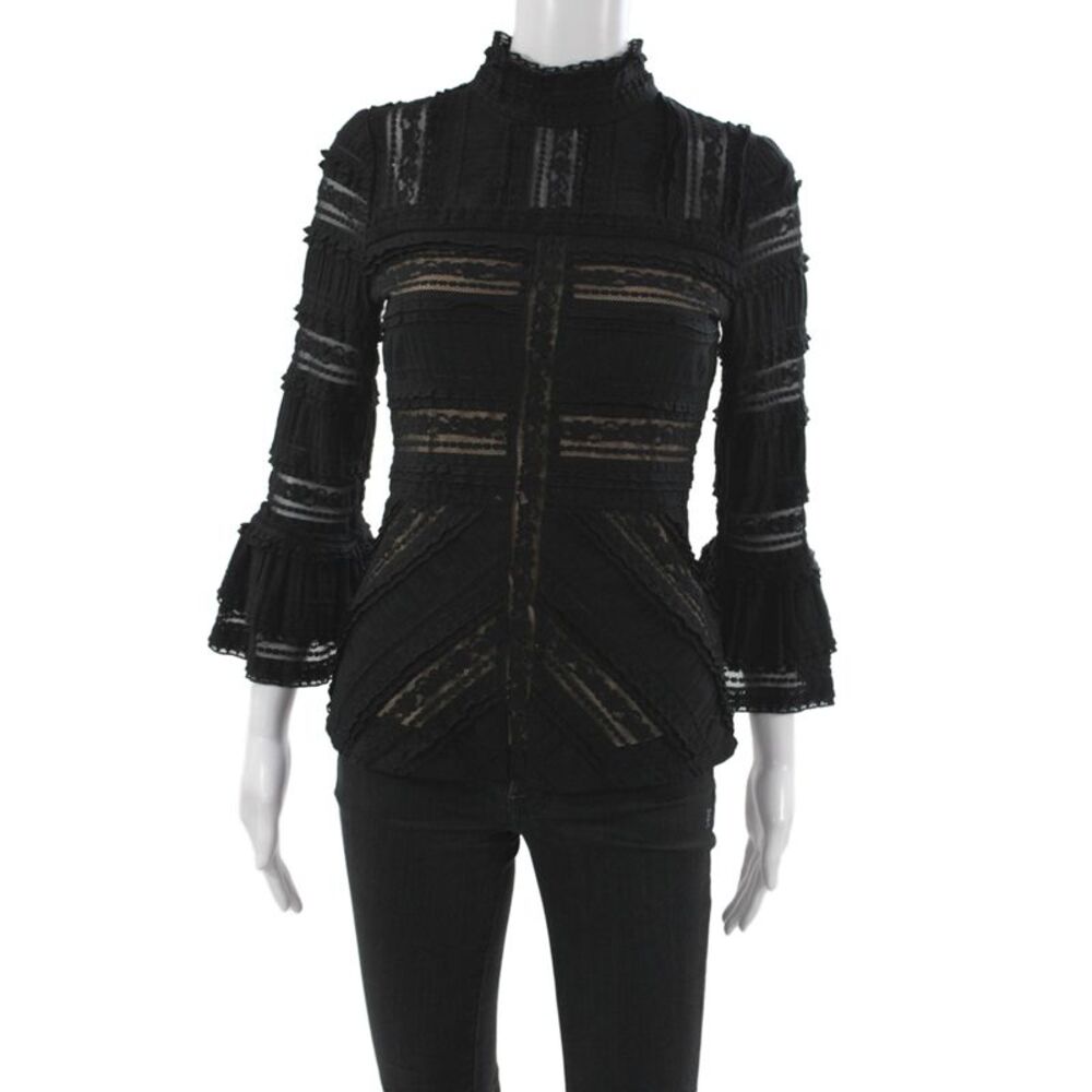 Cinq à Sept Womens Black High Neck Blouse 3/4 Sleeve Designer Size S